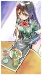  1girl alcohol artist_name black_hair chikuma_(kantai_collection) commentary cup kantai_collection long_hair nonco solo wavy_mouth wine wine_bottle wine_glass 