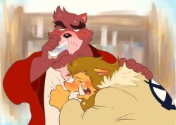  2boys animal_ears awkward bakemono_no_ko bear_boy bear_ears beard blonde_hair blush boar_boy boar_ears coat comforting commentary_request crying cup drinking drunk facial_hair fur-trimmed_coat fur_trim furrowed_brow furry furry_male hand_in_another&#039;s_shirt hand_on_another&#039;s_back head_on_chest holding holding_cup iozen_(bakemono_no_ko) kumatetsu looking_to_the_side male_focus multiple_boys mustache_stubble open_mouth pig_nose red_fur red_happi shirako_(kirupi) shirt snot stubble tears tusks white_happi white_shirt 