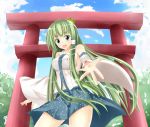  1girl bare_shoulders blue_sky blush breasts clouds cloudy_sky detached_sleeves frog_hair_ornament green_eyes green_hair hair_ornament hair_tubes kochiya_sanae long_hair looking_at_viewer nitoridio open_mouth outstretched_arm plant sky smile snake_hair_ornament solo torii touhou tree very_long_hair 