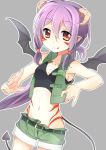  1girl bare_arms bare_shoulders belt breasts bustier collarbone demon_girl demon_horns demon_tail demon_wings highres horns licking_lips midriff navel open_clothes open_vest original oruto_(ort+) pointy_ears purple_hair red_eyes shorts smile solo tail tattoo vest wings 