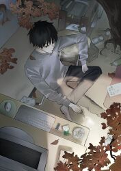 1boy 1girl 2021 autumn_leaves beard_stubble bikini black_hair black_pants bottle box chair cigarette computer_keyboard computer_mouse desk dim_lighting facial_hair grey_shirt holding holding_cigarette leg_on leg_up lighter long_sleeves messy_room mi8pq monitor nhk_ni_youkoso! on_chair pants poster_(object) satou_tatsuhiro shirt sitting socks stubble swimsuit tree water_bottle white_socks 