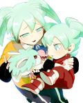  big child dinosaur fei_rune fingerless_gloves gloves green_eyes green_hair inazuma_eleven_(series) inazuma_eleven_go inazuma_eleven_go_chrono_stone no_pupils open_mouth rabbit simple_background stuffed_toy tears white_background yan&#039;yo_(yan&#039;yan&#039;yo) 