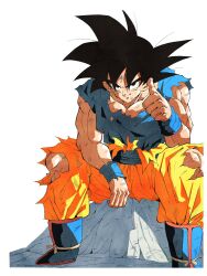  1boy black_hair blue_footwear boots dragon_ball dragon_ball_z full_body highres male_focus medium_hair muscular muscular_male orange_pants pants pato007711 shirt simple_background sitting solo son_goku spiky_hair thumbs_up torn_clothes torn_pants torn_shirt white_background 
