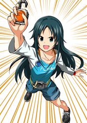  1girl belt black_hair blue_eyes female idolmaster idolmaster_cinderella_girls kamen_rider kamen_rider_gaim_(series) lock_seed long_hair ment nanjou_hikaru sengoku_driver smile solo 