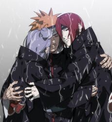  1girl 2boys akatsuki_uniform amegakure_symbol black_coat closed_eyes closed_mouth coat dong2taku forehead_protector highres hug konan_(naruto) multiple_boys nagato_(naruto) naruto_(series) naruto_shippuuden orange_hair purple_hair rain redhead simple_background wet yahiko_(naruto) 