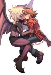  1boy 1other blue_hair brown_hair claws closed_eyes couple demon_girl demon_horns demon_wings duel_academy_uniform_(yu-gi-oh!_gx) duel_monster happy highres horns jacket judgedarts kiss kissing_cheek multicolored_hair other_with_male red_jacket short_hair smile third_eye white_hair wings yu-gi-oh! yu-gi-oh!_gx yubel yuki_judai 