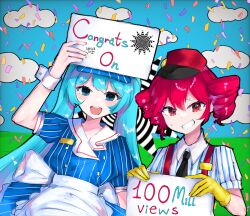  2girls apron back_bow blue_eyes blue_hair bow buttons collared_shirt commentary_request confetti double-breasted dress drill_hair english_commentary english_text gloves grin hat hatsune_miku highres holding holding_sign kasane_teto long_hair looking_at_viewer mesmerizer_(vocaloid) milestone_celebration mixed-language_commentary multiple_girls necktie open_mouth pink_hair red_eyes shirt short_sleeves sign skellychan smile striped_clothes striped_dress striped_shirt suspenders sweat synthesizer_v twin_drills twintails utau vertical-striped_clothes vertical-striped_dress vertical-striped_shirt very_long_hair vocaloid waist_apron wrist_cuffs 