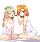  2girls bare_shoulders barefoot between_legs blush bow breasts chocolate cleavage closed_eyes feeding hair_bow holding kousaka_honoka lingerie long_hair looking_at_viewer love_live!_school_idol_project minami_kotori multiple_girls natsuki_shuri negligee open_mouth orange_hair short_hair silver_hair sitting underwear v_arms wariza 