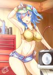  1girl arm_support armpits bare_legs bare_shoulders blue_eyes blue_hair breasts brown_gloves can car collarbone combination_wrench cowboy_shot crop_top denim denim_shorts double_sided_wrench gloves hair_bobbles hair_ornament hand_on_head hat headlight hot indoors jewelry kawashiro_nitori key key_necklace large_breasts looking_at_viewer midriff motor_vehicle navel necklace one_eye_closed open_fly radio sayossa_(pak-front) screwdriver short_shorts shorts solo standing stomach sweat tank_top taut_clothes thighs tool_kit toolbox touhou unzipped vehicle visor_cap wrench wristband zipper 