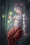  1girl bamboo bamboo_forest bow butterfly forest fujiwara_no_mokou hair_bow long_hair minamike1991 nature open_mouth red_eyes ribbon silver_hair sitting solo suspenders touhou very_long_hair 