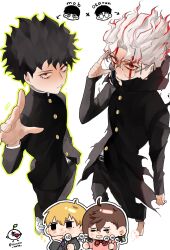  1girl 3boys absurdres alternate_form ayase_momo crossover dandadan gakuran glasses grey_suit hachi_(chisano_hako) highres kageyama_shigeo mask mob_psycho_100 mouth_mask multiple_boys psychic red_eyes reigen_arataka round_eyewear school_uniform suit takakura_ken_(dandadan) tall_hair transformation white_hair 