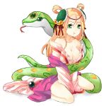  1girl bare_shoulders blonde_hair breasts chinese_clothes cleavage collarbone green_eyes meimei_(p&amp;d) miaku off_shoulder pout puzzle_&amp;_dragons snake solo turtle_shell 