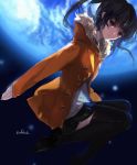  1girl akatsuki_(log_horizon) alternate_costume artist_name black_hair black_legwear earth fur_trim hooded_jacket log_horizon long_hair looking_at_viewer skirt solo swd3e2 thigh-highs violet_eyes 