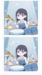 1girl absurdres bang_dream! bang_dream!_it's_mygo!!!!! belt black_belt black_hair blood blush brh chibi chibi_only chinese_commentary closed_mouth commentary_request drum drum_set drumsticks earrings highres holding holding_drumsticks instrument jewelry long_hair long_sleeves mole mole_under_eye necklace nosebleed see-through_clothes see-through_sleeves shiina_taki solo violet_eyes 