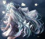  aqua_hair bird birdcage blue_background butterfly cage closed_eyes cowboy_shot dress flower from_behind glowing glowing_butterfly gradient gradient_background grey_dress hair_flower hair_ornament hair_strand hatsune_miku highres light_particles long_hair looking_away pigeon sleeveless sleeveless_dress standing twintails very_long_hair vioro vocaloid 