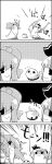  /\/\/\ 4koma arms_up bow comic ghost hair_bobbles hair_ornament hair_ribbon highres konpaku_youmu konpaku_youmu_(ghost) monochrome no_humans onozuka_komachi pose ribbon rolling scythe shaded_face smile tani_takeshi touhou two_side_up yukkuri_shiteitte_ne 