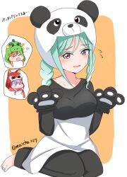  3girls :d ^_^ absurdres aqua_hair barefoot black_pajamas blush border braided_twintails breasts closed_eyes closed_mouth collarbone commentary dot_mouth dragon dragon_hat eastern_dragon flying_sweatdrops heart highres jitome looking_at_viewer love_live! love_live!_superstar!! matcha_moti_(matcha_427) medium_breasts medium_hair multiple_girls nervous_smile official_alternate_costume onitsuka_tomari open_mouth orange_background orange_hair outside_border pajamas panda_hat pink_eyes purple_hair shibuya_kanon simple_background sitting sleepover smile solo_focus spoken_character sweatdrop translation_request twitter_username two-tone_pajamas white_border white_pajamas wien_margarete yokozuwari 