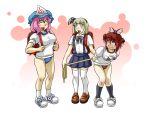  3girls backpack bag buruma closed_eyes commentary_request dupp_akiru gag gym_uniform hat improvised_gag konpaku_youmu multiple_girls mystia_lorelei pink_hair randoseru redhead ribbon rope saigyouji_yuyuko school_uniform silver_hair tape tape_gag thigh-highs tied_up touhou triangular_headpiece white_legwear 