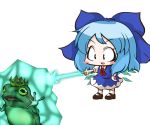  1girl blue_hair blush_stickers bow cirno crown dress frog frozen hair_bow hand_on_hip ice ice_wings open_mouth ribbon short_hair simple_background smile solo touhou white_background wings ziogon 