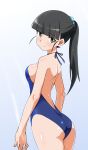  1girl absurdres alternate_costume ass bangs bare_shoulders black_hair blunt_bangs blush breasts casual_one-piece_swimsuit cowboy_shot halterneck highres long_hair looking_at_viewer no_eyepatch one-piece_swimsuit ponytail sakamoto_mio shiny shiny_hair smile solo strike_witches swimsuit wet yellow_eyes yumekaranigeruna 