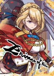  1girl absurdres aiguillette azur_lane black_skirt blonde_hair blue_ribbon braid capelet character_name closed_mouth eyes_visible_through_hair hair_over_one_eye hair_ribbon highres holding holding_sword holding_weapon military_uniform oriue_wato pleated_skirt prince_of_wales_(azur_lane) red_capelet ribbon rigging short_hair sketch skirt solo sword thigh-highs turret violet_eyes weapon white_thighhighs 