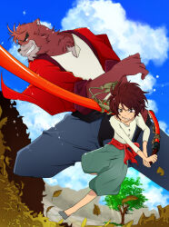  2boys animal_ears bakemono_no_ko bear_boy bear_ears belt black_belt blue_pants clenched_teeth clouds cloudy_sky diffraction_spikes fangs fangs_out furry furry_male grey_footwear highres holding holding_sword holding_weapon katura27 kumatetsu kyuuta_(bakemono_no_ko) leaf_pile long_hair male_focus multiple_boys pants red_belt red_fur red_happi redhead sheath sheathed shirt sky smirk sweatdrop sword teeth thick_eyebrows training water_drop weapon white_shirt 