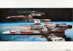  absurdres colored_pencil_(medium) highres letterboxed miyabi_asou planet realistic rebel_alliance science_fiction signature space space_craft star_wars starfighter t-65_x-wing traditional_media 