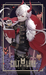  1boy :d absurdres ahoge belt black_jacket black_pants bone book brooch buttons cape character_request commentary_request copyright_name cowboy_shot cropped_jacket cross cross_earrings crossed_bangs cult_of_the_lamb demon_horns ear_piercing earclip earrings fangs fingernails floating_hair fur-trimmed_cape fur_trim gem gold_trim grey_vest hair_between_eyes hands_up highres holding holding_book horns jacket jewelry kuzuha_(2nd_costume)_(nijisanji) kuzuha_(nijisanji) long_fingernails long_hair long_sleeves looking_at_viewer male_focus mole mole_under_eye nail_polish nekokomachi nijisanji official_alternate_costume open_book open_mouth pants parted_bangs piercing pile_of_skulls pointy_ears purple_gemstone red_cape red_crown_(cult_of_the_lamb) red_eyes red_horns red_nails ring sharp_fingernails sheath sheathed skull smile standing sword the_lamb_(cult_of_the_lamb) vest virtual_youtuber weapon white_belt white_hair 