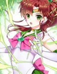  1girl bishoujo_senshi_sailor_moon bow brooch brown_hair choker earrings elbow_gloves gloves green_eyes green_skirt index_finger_raised jewelry kino_makoto long_hair magical_girl ponytail ribbon sa_(h28085) sailor_jupiter skirt solo tiara white_gloves 