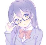  1girl adjusting_glasses bespectacled black-framed_glasses blue_hair blush bow bust face glasses highres looking_at_viewer love_live!_school_idol_project nerunnn school_uniform semi-rimless_glasses sketch solo sonoda_umi under-rim_glasses white_background yellow_eyes 