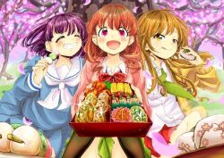 3girls blonde_hair blue_dress blue_sailor_collar brown_eyes brown_hair dress food green_eyes green_necktie green_neckwear kirara_fantasia koufuku_graffiti long_hair machiko_ryou medium_hair morino_kirin multiple_girls necktie neckwear orange_shirt pink_shirt purple_hair red_eyes redhead sailor_collar sailor_dress school_uniform shiina_(koufuku_graffiti) twintails uniform violet_eyes white_shirt yellow_shirt yuri
