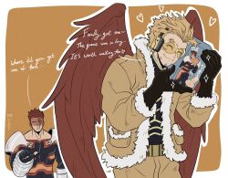  2boys armor artist_name black_gloves blonde_hair blue_bodysuit blush bodysuit boku_no_hero_academia border box closed_eyes doodlefish endeavor_(boku_no_hero_academia) english_commentary english_text facing_viewer fur-trimmed_jacket fur_trim gauntlets gloves goggles hawks_(boku_no_hero_academia) headphones heart highres holding holding_box jacket looking_at_another male_focus multiple_boys orange_background red_wings redhead scar scar_across_eye sex_toy shoulder_armor smile sparkle tinted_eyewear white_border wings yellow-tinted_eyewear yellow_jacket 