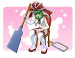  1girl bow chair commentary_request dupp_akiru elbow_gloves frills front_ponytail garter_belt gloves green_eyes green_hair hair_bow hair_ribbon kagiyama_hina long_hair looking_at_viewer nude panties red_shoes ribbon saw shoes solo touhou underwear white_gloves white_legwear 