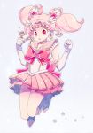  1girl :o bishoujo_senshi_sailor_moon boots bow brooch chibi_usa choker double_bun elbow_gloves gloves hair_ornament hairpin jewelry jumping knee_boots magical_girl pink_hair pink_skirt pleated_skirt red_eyes ribbon sailor_chibi_moon sailor_collar sailor_moon_musical saki_(hxaxcxk) short_hair skirt solo tiara twintails white_background white_gloves 