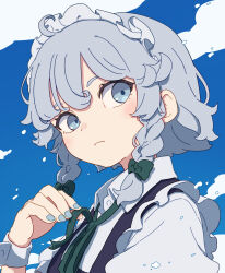  1girl absurdres apron black_apron blue_sky bow braid clouds collared_shirt commentary frilled_apron frilled_hairband frills green_bow green_ribbon grey_eyebrows grey_eyes grey_hair grey_nails hair_behind_ear hair_bow hairband highres izayoi_sakuya kame_(kamepan44231) light_blush light_frown light_particles looking_at_viewer loose_neck_ribbon multiple_hair_bows nail_polish neck_ribbon outdoors portrait puffy_short_sleeves puffy_sleeves ribbon shirt short_hair short_sleeves side_braids sky solo touhou untying wavy_hair white_shirt white_wrist_cuffs wrist_cuffs 