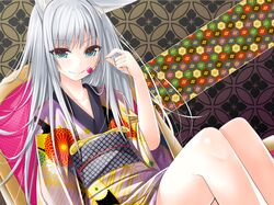  1girl absurdres animal_ears blue_eyes candy chair flat_chest fox_ears highres japanese_clothes kimono legs lollipop long_hair looking_at_viewer obi original sash silver_hair sitting smile solo tanakahazime 