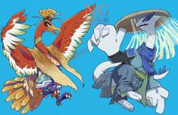  animal_focus bird black_shirt blue_background blue_scarf clothed_pokemon commentary_request fang ho-oh lugia no_humans open_mouth pokemon pokemon_(creature) red_eyes sagemaru-br scarf shirt signature skin_fang talons tongue watermark 