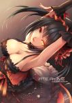  1girl :p armpits arms_up bare_shoulders black_hair breasts cleavage clock_eyes date_a_live detached_sleeves dress fukai_ryousuke hairband heterochromia large_breasts lolita_fashion lolita_hairband long_hair looking_at_viewer red_eyes smile solo tokisaki_kurumi tongue tongue_out twintails yellow_eyes 