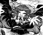  1girl bow closed_eyes gloves hair_bow heart kneeling long_hair monochrome open_mouth outstretched_arms reiuji_utsuho sketch skirt smile solo third_eye touhou wings yt_(wai-tei) 
