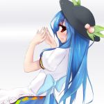  1girl blue_hair blush food from_side fruit hat hinanawi_tenshi long_hair looking_at_viewer peach red_eyes shuizao_(little_child) solo touhou 