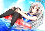 1girl black_legwear dutch_angle floating inaba_sunimi innertube pointy_ears red_eyes school_swimsuit small_breasts solo swimsuit thigh-highs under_night_in-birth vatista water wet 