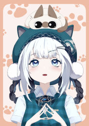  1girl 1other absurdres animal_ear_headwear animal_ears azukisan bambinata_(pgr) black_hair braid braided_hair_rings cat cat_ears checkered_clothes collared_shirt green_hat hair_ornament hair_rings hairclip hat heart heart-shaped_pupils highres multicolored_hair punishing:_gray_raven shirt siam_neko_azukisan symbol-shaped_pupils tagme takashi_san two-tone_hair white_hair white_pom_poms white_shirt x_hair_ornament 