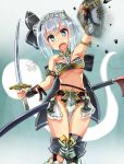  1girl :o aqua_eyes arm_up armor armpits asymmetric_gloves bare_shoulders bikini_armor black_gloves blush bow breasts bridal_gauntlets crossed_bandaids gloves hair_ribbon highres katana konpaku_youmu konpaku_youmu_(ghost) looking_at_viewer open_mouth ribbon scabbard sheath shield short_hair silver_hair solo sword tears thigh_gap touhou under_boob unomi weapon 