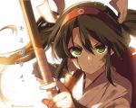  1girl archery backlighting blood blood_on_face bow_(weapon) bust dirty_clothes dirty_face face green_eyes green_hair hair_ribbon hairband japanese_clothes kantai_collection kyuudou long_hair looking_at_viewer mishima_kurone muneate ribbon solo twintails twitter_username weapon yugake zuikaku_(kantai_collection) 