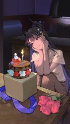  1girl absurdres alternate_costume asymmetrical_horns birthday_cake black_hair blue_hair blue_ribbon bouquet box cake candle cardboard_box closed_mouth colored_inner_hair crystal_horns demon_girl demon_horns elbows_on_knees english_commentary flower food grey_pants happy_birthday highres hololive hololive_english horns indoors jailbird_(nerissa_ravencroft) jewelry kitchen long_hair mole mole_under_eye multicolored_hair multiple_rings nerissa_ravencroft pants red_flower red_rose ribbon ring rose shirt short_sleeves sitting slit_pupils smile solo t-shirt table thekaiyip uneven_horns very_long_hair virtual_youtuber white_shirt 