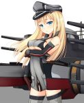  1girl bare_shoulders bismarck_(kantai_collection) blonde_hair blue_eyes blush breast_hold breasts brown_gloves detached_sleeves frown gloves grey_legwear hat highres kantai_collection kirimoti34 long_hair looking_at_viewer machinery peaked_cap sideboob solo turret under_boob 