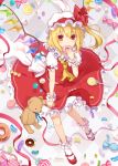  1girl 6u_(eternal_land) ascot blonde_hair bow candy doughnut dress eating flandre_scarlet hat hat_bow lollipop looking_at_viewer mob_cap puffy_short_sleeves puffy_sleeves red_dress red_eyes ribbon sash shirt short_sleeves side_ponytail smile solo stuffed_animal stuffed_toy teddy_bear touhou wings 