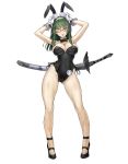 1girl ;p absurdres animal_ears armpits arms_up bare_legs bare_shoulders blue_eyes bowtie breasts bunnysuit cleavage detached_collar glasses gloves green_hair highres large_breasts long_hair looking_at_viewer nakabayashi_reimei one_eye_closed phantasy_star phantasy_star_online_2 rabbit_ears red-framed_glasses semi-rimless_glasses simple_background smile solo tongue tongue_out under-rim_glasses white_background white_gloves wrist_cuffs 