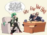  1boy 1girl archvermin black_legwear chair crossed_legs david_letterman detached_sleeves english formal green_hair hatsune_miku headset laughing necktie real_life simple_background skirt suit thigh-highs twintails vocaloid zettai_ryouiki 