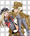  1boy 1girl bismarck_(kantai_collection) blonde_hair blue_eyes blush boots brown_gloves captain_(hellsing) carrying character_request crossover dress gloves grey_dress grey_legwear hat hellsing highres kantai_collection long_hair open_mouth princess_carry rakku_(10219563) red_eyes thigh-highs 